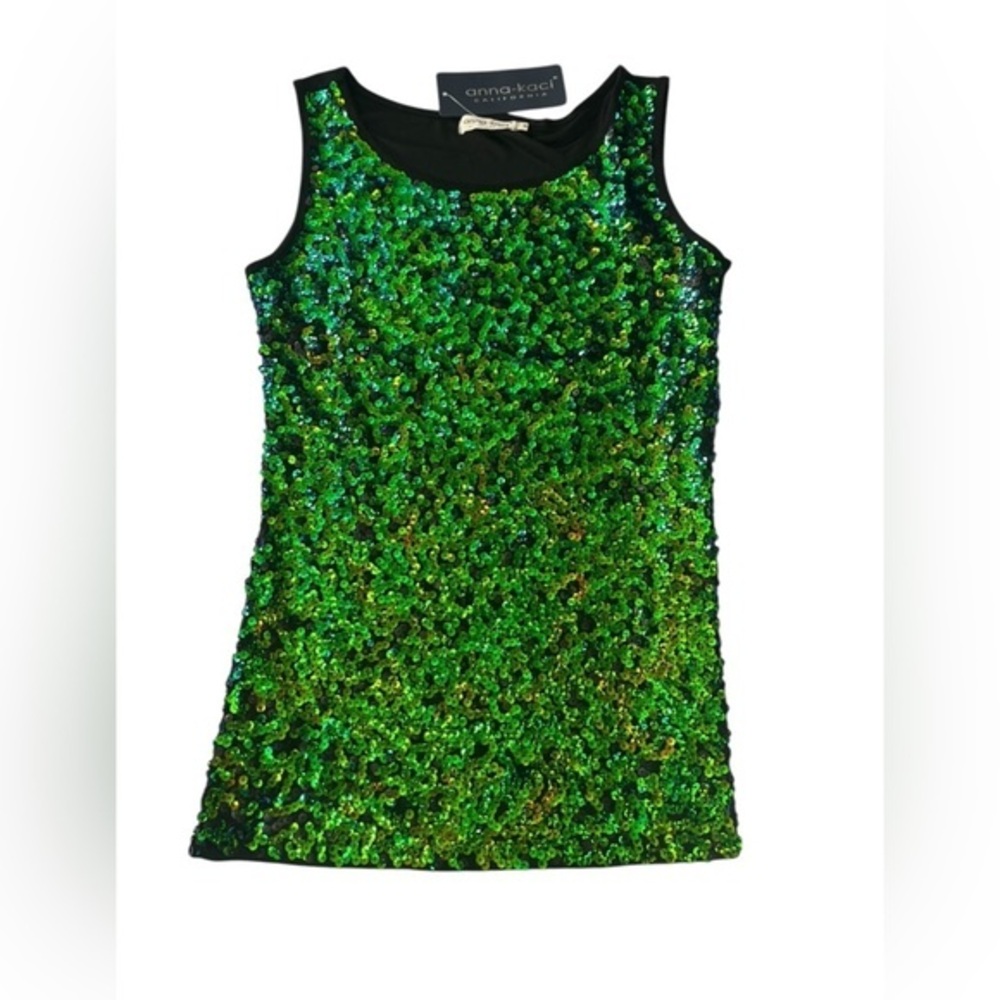 New Ana Kaci Sequin Top green black M Sleeveless St Patrick’s Day Bright NWT